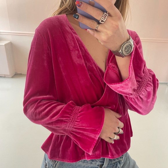 Intermix Velvet Peplum Faux Wrap Blouse Top Pink Petite - Picture 3 of 8